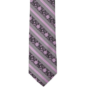 The front view of an English lavender floral striped slim tie