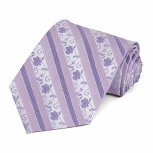 Load image into Gallery viewer, Rolled view of a light purple floral stripe necktie