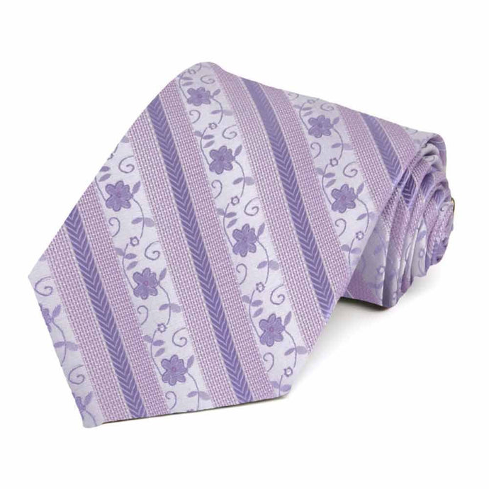 Rolled view of a light purple floral stripe necktie