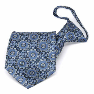 Front folded view of a blue and white floral pattern zipper style tie