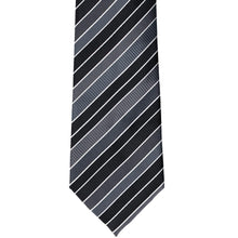 Load image into Gallery viewer, Flat front view of a black, gray and white striped extra long necktie