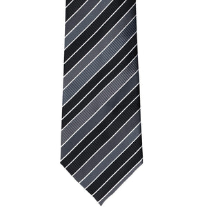 Flat front view of a black, gray and white striped extra long necktie