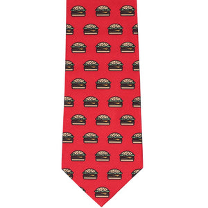 Front view of a red tie with a cheeseburger novelty pattern
