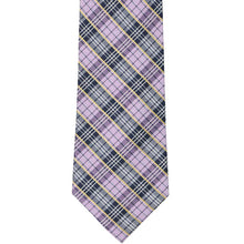 Load image into Gallery viewer, Front view of a purple, navy and gold plaid necktie
