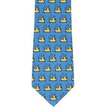 Load image into Gallery viewer, Front view of a yellow rubber ducky tie on a blue background