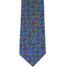 Load image into Gallery viewer, Blue school themed tie with a ruler, scissors and crayon, front view