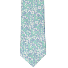 Load image into Gallery viewer, Front bottom view of a seafoam and blue subtle floral pattern tie