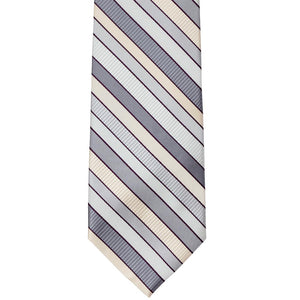 Flat front view of a light silver and cream striped necktie