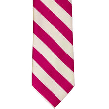 Load image into Gallery viewer, The front of a fuchsia and ivory striped tie, laid out flat
