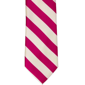 The front of a fuchsia and ivory striped tie, laid out flat