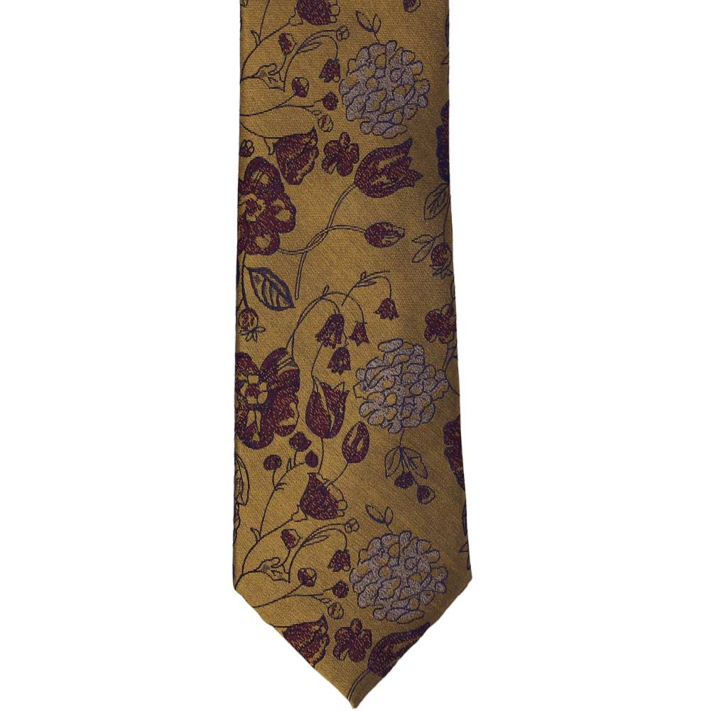 Old Gold Floral Silk Narrow Necktie, 3