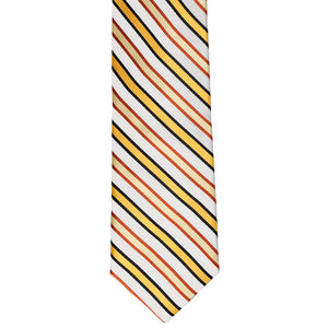 Bottom front view of an orange and white striped slim tie