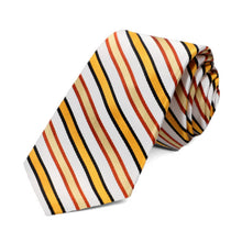 Load image into Gallery viewer, A golden yellow and white striped slim tie, rolled to show off the stripes