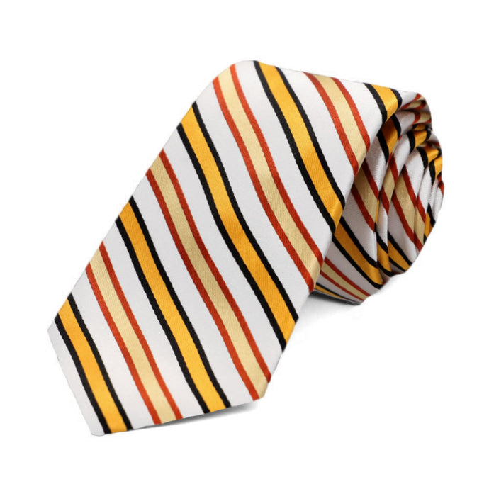 A golden yellow and white striped slim tie, rolled to show off the stripes