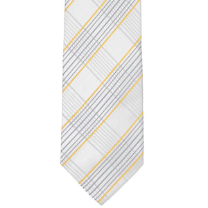 Flat front view of a gray and yellow plaid tie