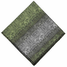 Load image into Gallery viewer, A green and gray floral striped pocket square, folded into a diamond
