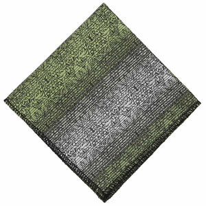 A green and gray floral striped pocket square, folded into a diamond