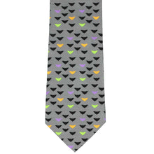 Load image into Gallery viewer, Front flat view of a gray and halloween colored bat necktie