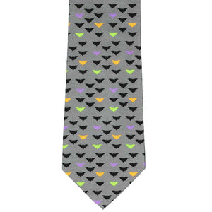 Front flat view of a gray and halloween colored bat necktie