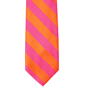 The front of a hot pink and orange striped tie, laid flat