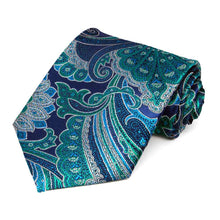 Load image into Gallery viewer, A blue and green jewel tone paisley tie, rolled to show details