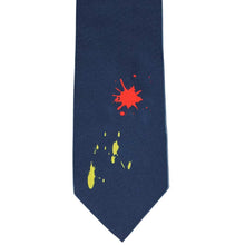 Load image into Gallery viewer, Flat view of a navy necktie with ketchup and mustard stains
