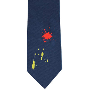 Flat view of a navy necktie with ketchup and mustard stains