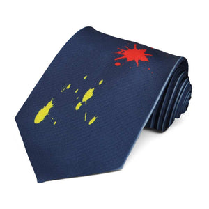 Navy necktie with ketchup and mustard stains