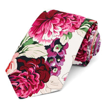 Load image into Gallery viewer, A pink, purple and sage peony flower tie, rolled to show the design 