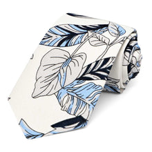 Load image into Gallery viewer, White and blue Hawaiian flower pattern narrow tie, rolled to show off the tie tip