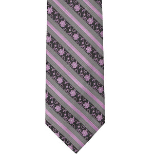 Front view of a lavender and gray floral striped necktie