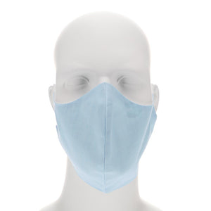 Front view of a light blue face mask on mannequin