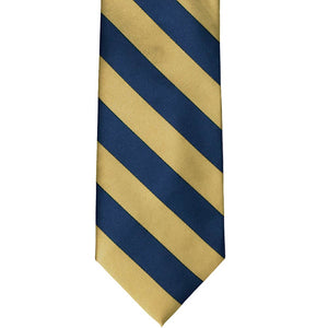 Front view of a light gold and twilight blue striped tie