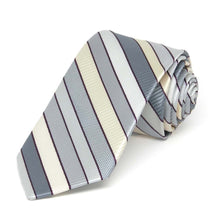 Load image into Gallery viewer, Rolled view of a light silver and cream striped slim necktie