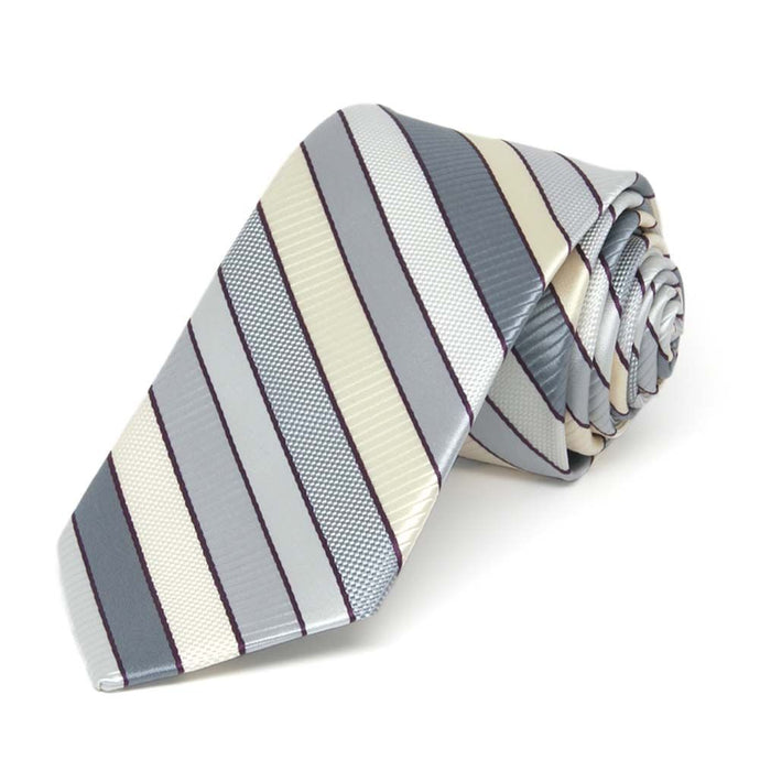 Rolled view of a light silver and cream striped slim necktie