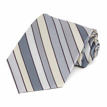 Load image into Gallery viewer, Rolled view of a light silver and cream striped necktie