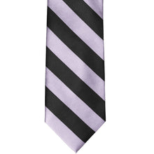 Load image into Gallery viewer, The front of a lilac and black striped tie