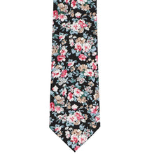 Load image into Gallery viewer, The front of a black and tan floral tie, laid out flat