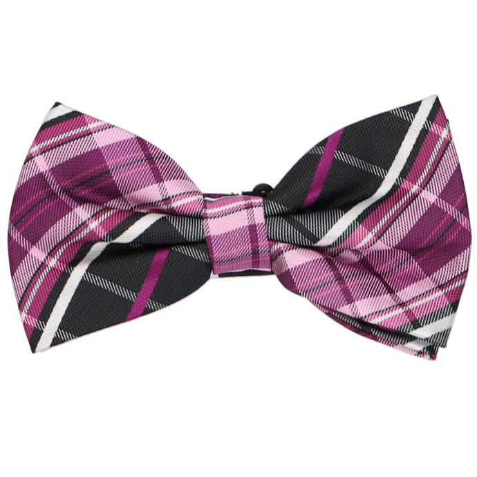 A plaid pre-tied bow tie in various shades of pink