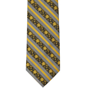 Flat front view of a black and yellow floral stripe extra long necktie