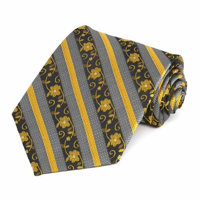 Rolled view of a black and yellow floral stripe extra long necktie