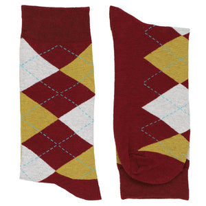 Pair of maroon and gold argyle dress socks