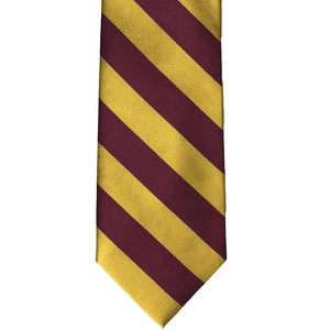 Maroon and gold striped tie, flat front view
