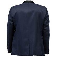 Load image into Gallery viewer, The back of a midnight blue dinner jacket with a black satin lapel