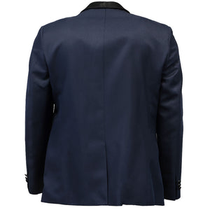 The back of a midnight blue dinner jacket with a black satin lapel
