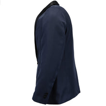 Load image into Gallery viewer, The side and arm of a midnight blue tuxedo jacket