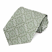 Load image into Gallery viewer, Rolled view of a mint green floral pattern extra long necktie