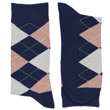 Load image into Gallery viewer, Pair of men&#39;s navy blue and blue argyle wedding socks