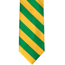 Load image into Gallery viewer, The front of a kelly green and golden yellow striped tie, laid out flat