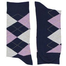 Load image into Gallery viewer, Navy blue and lavender argyle socks